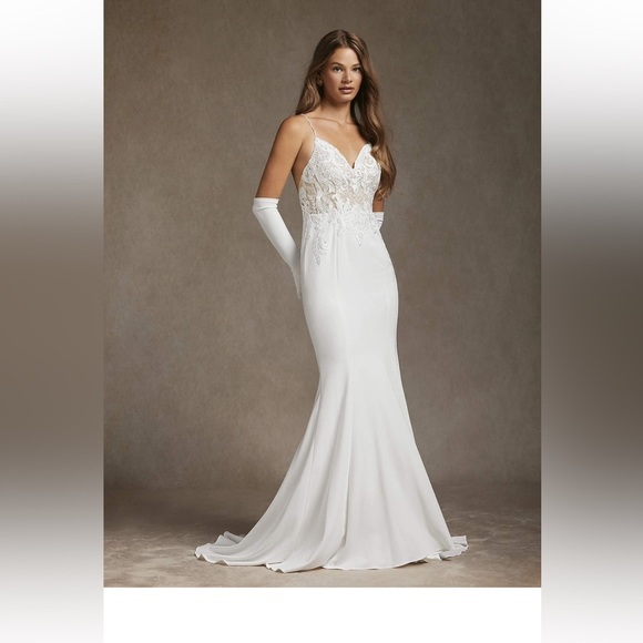 New AZAZIE SAFFRON Diamond White Champagne Mermaid Sweetheart Sequin Crepe Dress - Picture 3 of 16